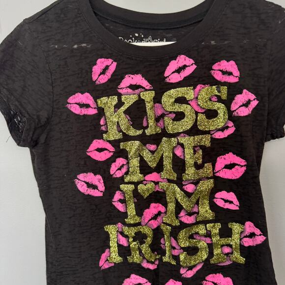 Rocker Girl Kiss Me I'm Irish Burnout Tee Shirt Juniors Size XL / 15 - 17 Black - Picture 3 of 7
